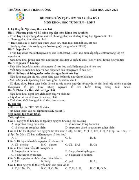 Đề cương ôn tập Giữa kì 1 KHTN 7 năm 2025–2026 trường THCS Thành Công (Hà Nội)